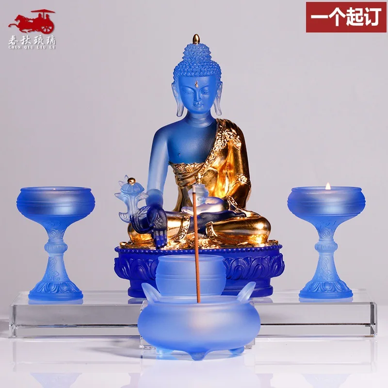 CX Glass Round Buddha Set Water Purification Cup Incense Burner Candlestick Buddha Front Offering Ornament