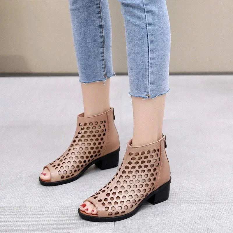 Summer Boots Women Sandals Genuine Leather High Heels Platform Hollow Peep Toe Female Ladies Shoes Zapatos De Mujer