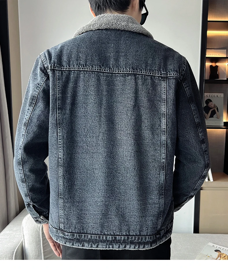 Giacca di jeans blu nera casual allentata spessa foderata in pile monopetto con colletto rovesciato da uomo di nuova vendita calda invernale