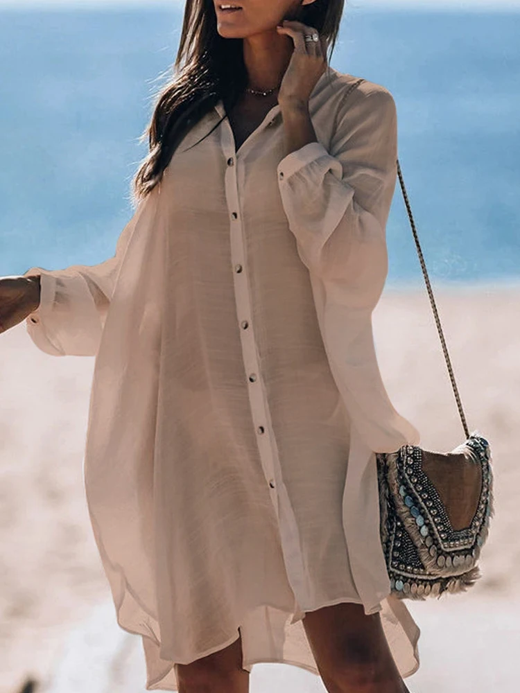 Einfarbiges, lässiges Langarmkleid für Damen, Damen-Badeanzug mit Sonnenschutz-Strandrock, erhältlich in mehreren Farben