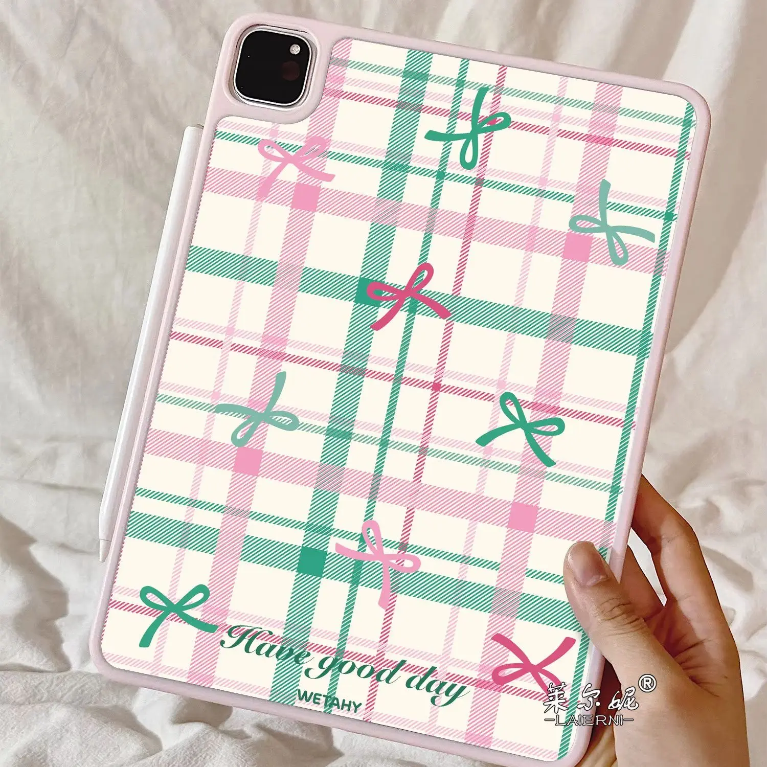 Gentle Green Pink Grid Bow Ribbon Y2K Cover For iPad Pro 13 11th M5 M4 12.9 A16 10 8 7 9th 10th Air 11 M2 M3 Mini Tablet Case