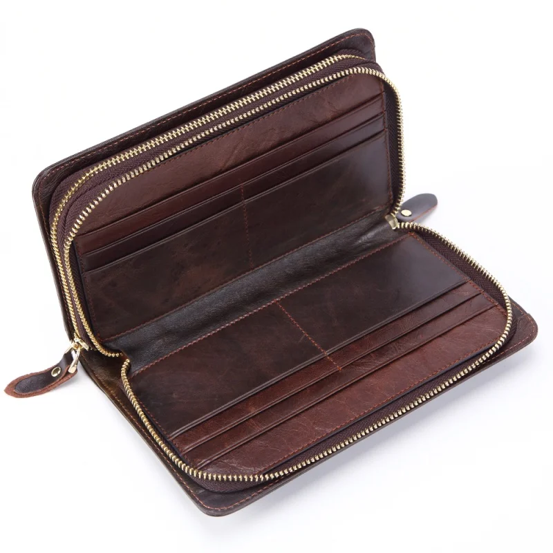 Men's Long Handbag Business Vintage Cow Leather Man Wallet Brand Long Wallet For Man Oil Wax Double Zipper Bag Male Purse