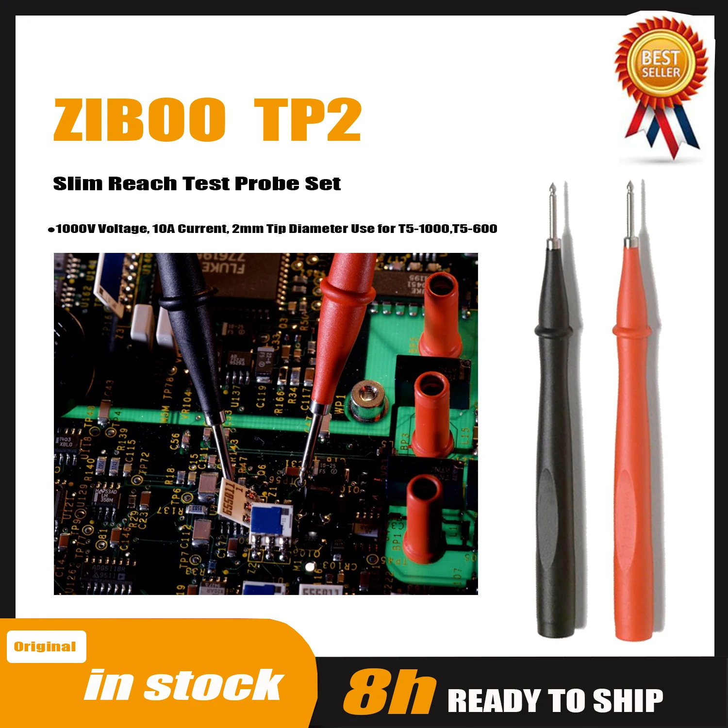 ZIBOO TP2 2 Piece Slim Reach Test Probe Set with Stainless Steel Tip, 1000V Voltage, 10A Current, 2mm Tip Diameter