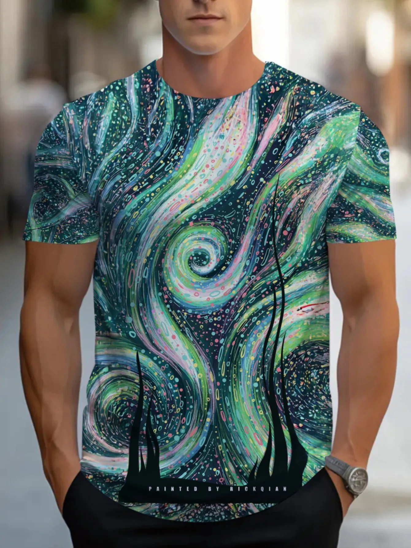 Men's Green Starry Night Swirl Oil Painting 3D Print T-Shirt O-Neck Short Sleeve Vintage Art Casual Streetwear Summer Tops