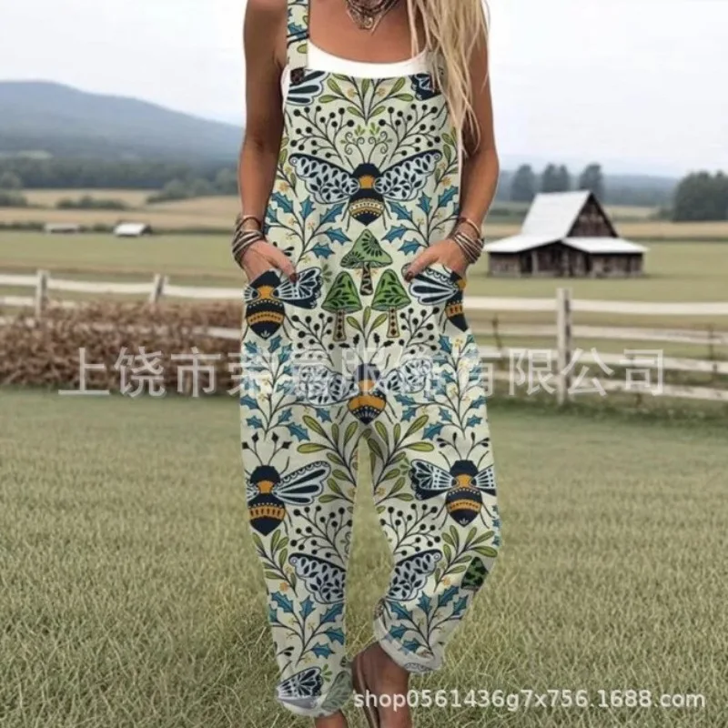 

Новинка 2023 года, женские летние подтяжки с цветочным принтом, винтажные цветные цветочные картины маслом, повседневные свободные цельные брюки с художественным узором