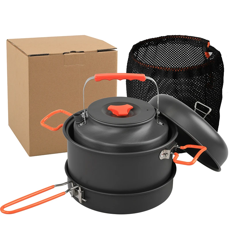 Portable Camping Cookware Mess Kit Outdoor Aluminum Alloy Double Ear Steamer 1.6L Large Capacity Kettle Frying Pan Combination