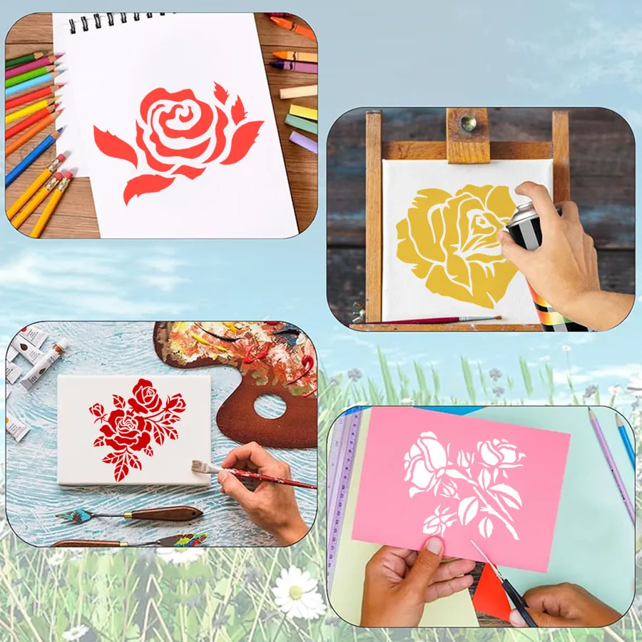 مجموعة استنسل زهرة الورد - قوالب رسم PET قابلة لإعادة الاستخدام للديكور DIY (4 قطع)