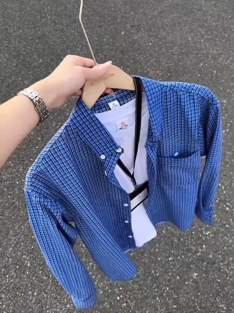 

Blue Plaid Loose Fit Long Sleeve Shirt American Style Casual Spring Vintage Coat for Men Casual Wear Turn down Collar Button up
