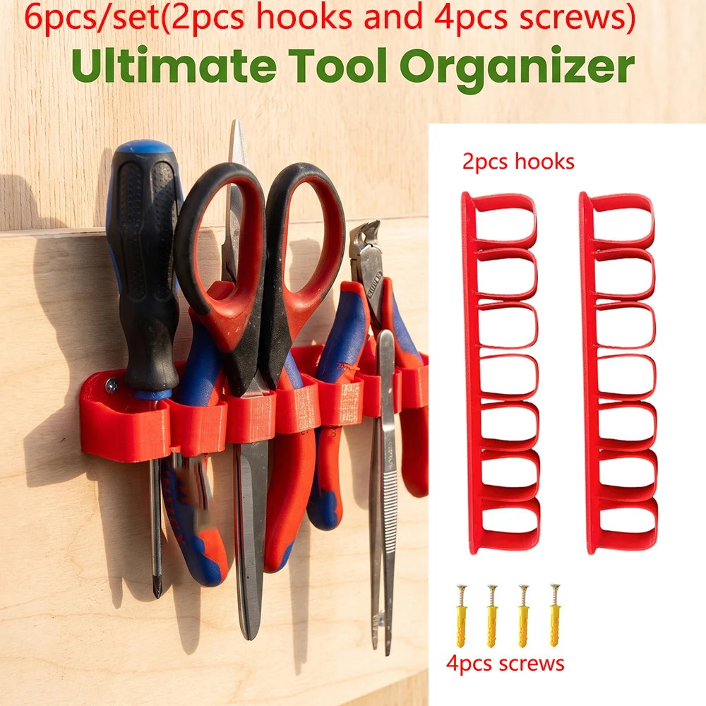 6-Pack Wall-Mounted Screw Hook Set (Includes 2 7-Hole Hooks and 6 Fixing Screws), Can Accommodate Various Sizes of Wall Tool Hooks and Tool Racks
