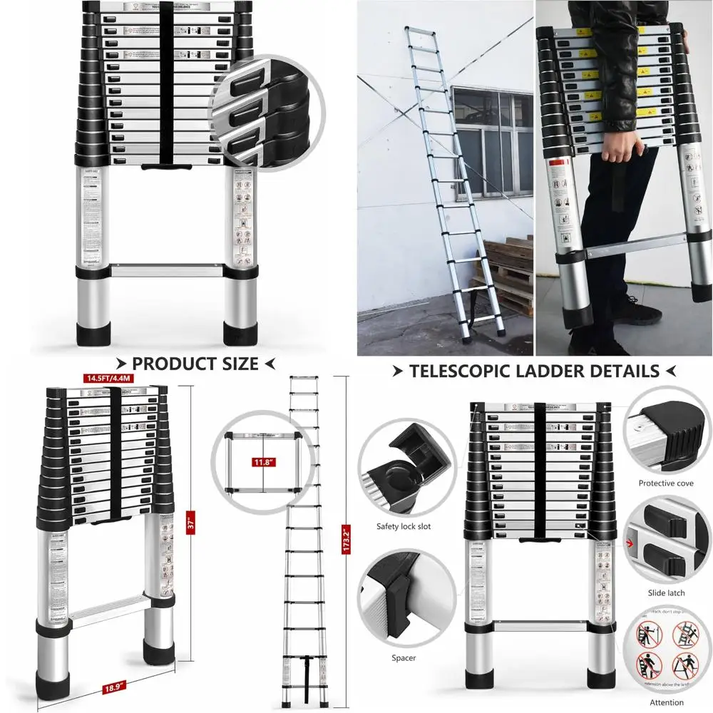 Escalera telescópica de aluminio de 14,5 pies-4,4 M, escalera de extensión plegable portátil retráctil de un botón para uso en interiores y exteriores
