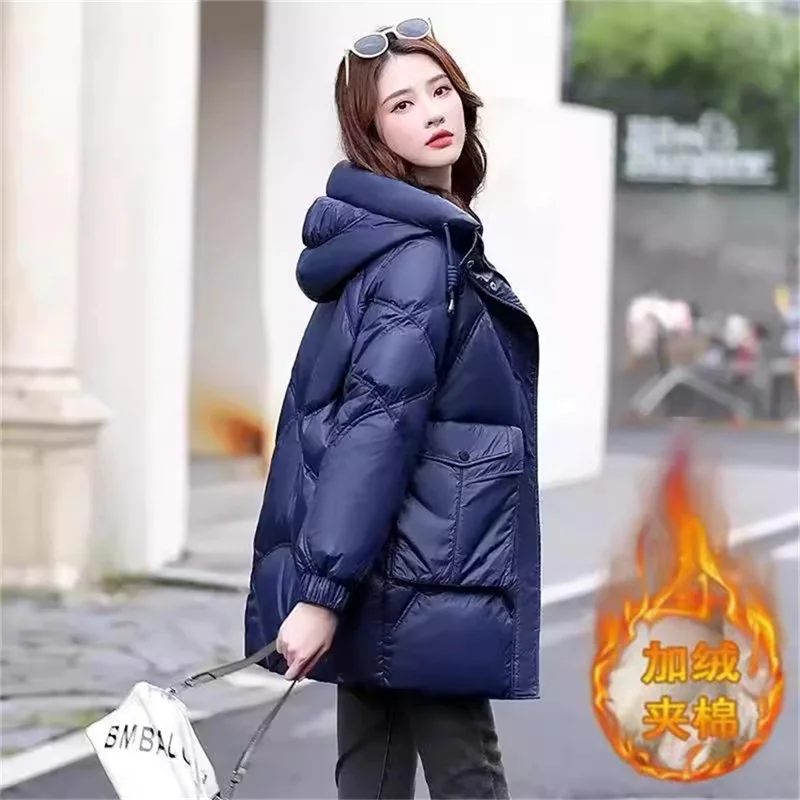 2024 New Winter Clothes Loose Hooded Medium Length Down Cotton Jacket Parka Women\'s Large Size Thickened Bright Cotton Coat J12