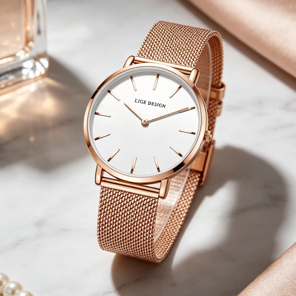 LIGE New Women Bracelet Watch Quartz Movement Simple Rose Gold Stainless Steel Mesh Student Watches Relogio Feminino+Box