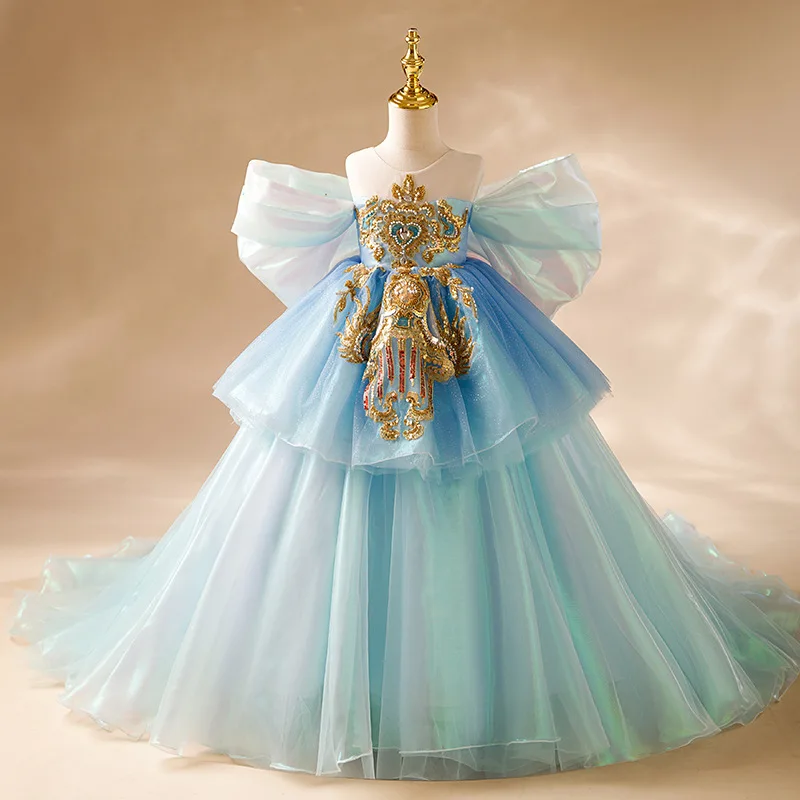 Robe de demoiselle d'honneur bleu ciel pour mariage, col en fibre, superposé, longueur au sol, jolie princesse, fête d'anniversaire, boule, quoi que ce soit