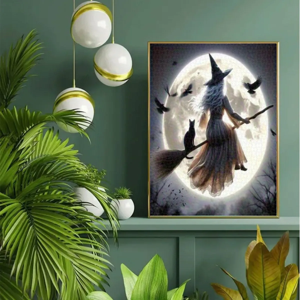 1000 piezas Bruja en palo de escoba, gato negro y corvos bajo la luna llena - Rompecabezas gótico de Halloween para adultos y familias - Rompecabezas grande