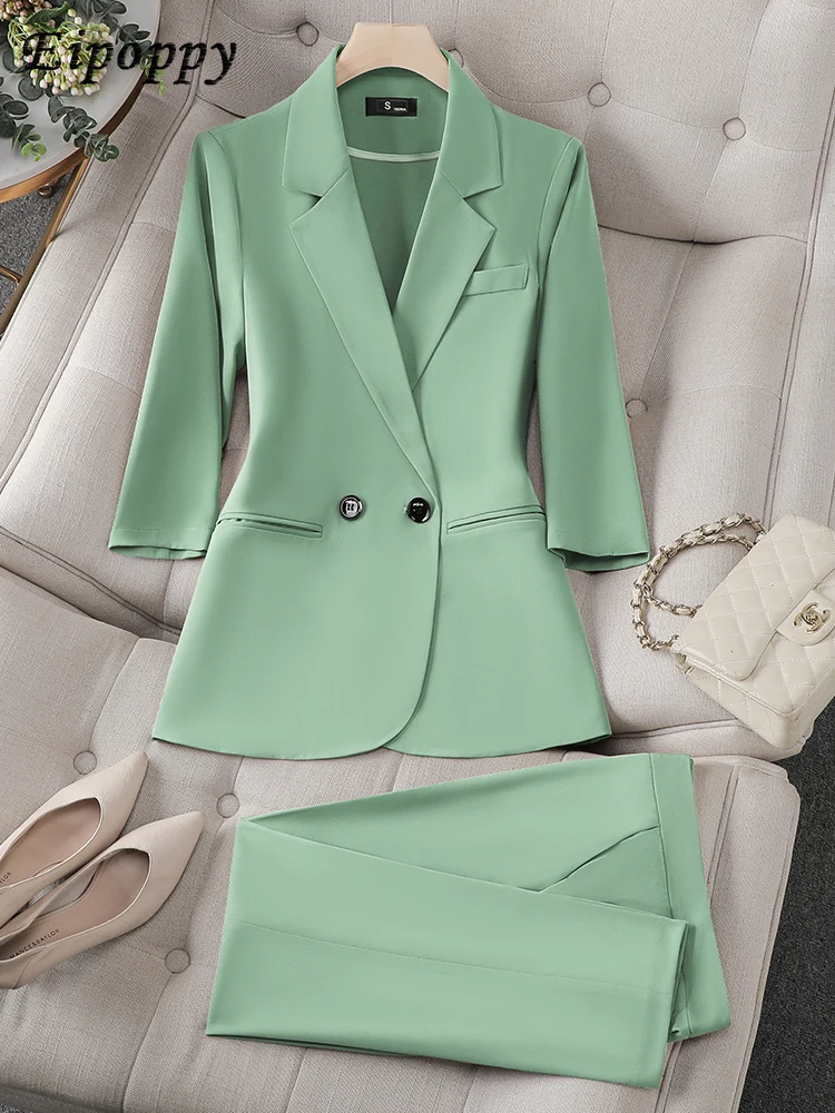 

Spring Summer Ladies Blazer And Pant Suit Women Female Half Sleeve Jacket Trouser Business Work Wear 2 Piece Set