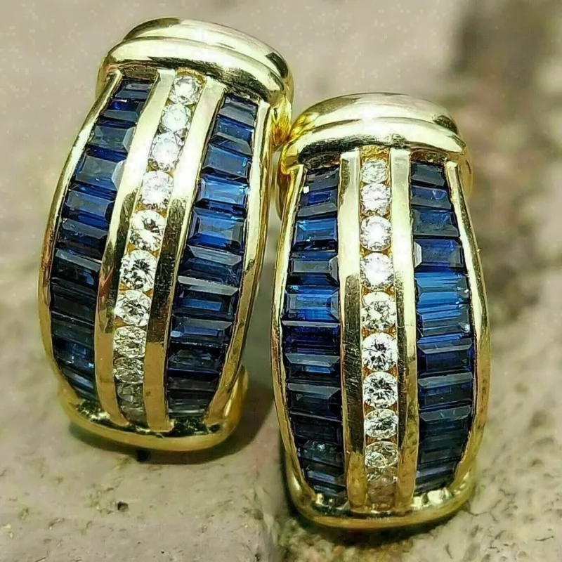 Women's Curved Earrings With Blue White Cubic Zircon Light Luxury High End Style Ear Buckle Versatile Daily Commuting Jewelry