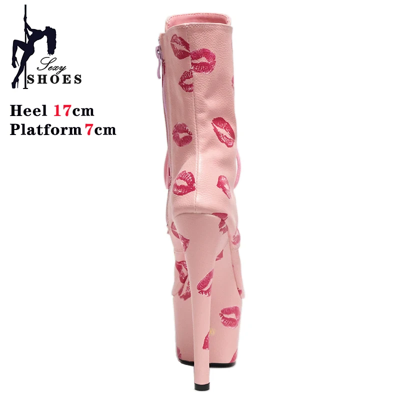 17CM/7 pollici Patent PU Red lip Print Pattern Upper Pole Dance Shoes tacchi alti Platform Strappy stivaletto Stripper T-show Shoes