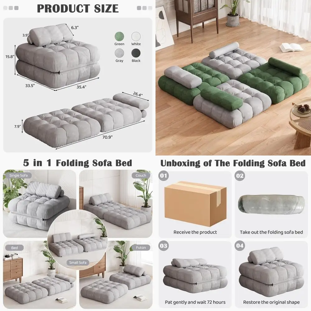 سرير أريكة فوتون فردي باللون الرمادي، كرسي نوم قابل للتحويل مع وسادة، مرتبة قابلة للطي للاستراحة المحمولة في غرفة المعيشة أو السرير #1