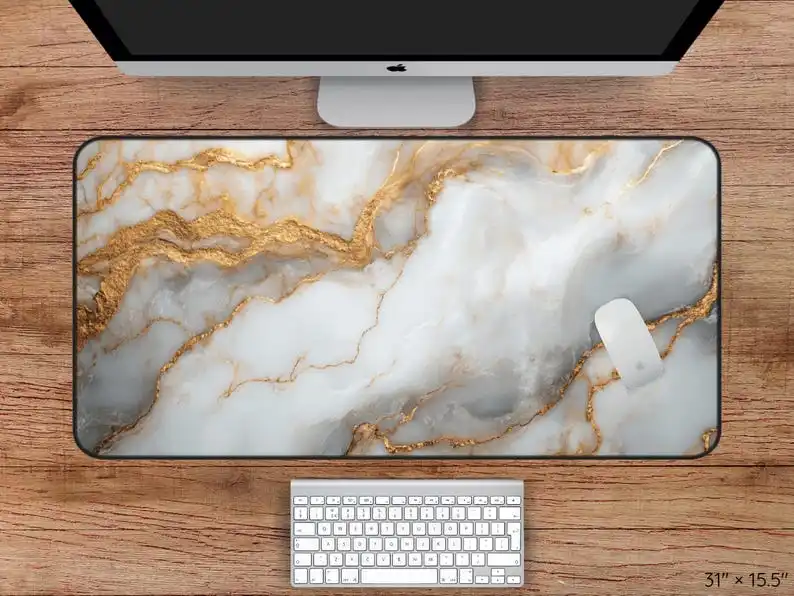 

White and Gold Marble Deskmat and Mouse Pads, Beautiful White Marble Desk Mats, Luxurious Desk Mat with White Marble and Gold.