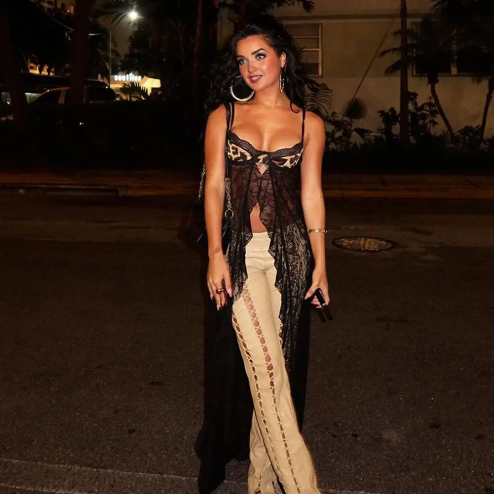 

Women See through Sling Long Maxi Top Backless Leopard Print Bra Tops See-through Lace Hem Camisole Sexy Club Party Vest