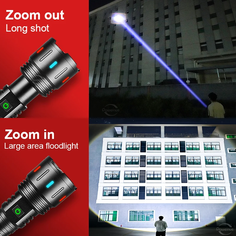 60000000LM Most Powerful LED Flashlight USB Rechargeable Lamp 800W LED Flashlights Super Bright Zoomable Torch Long Shot 4500M