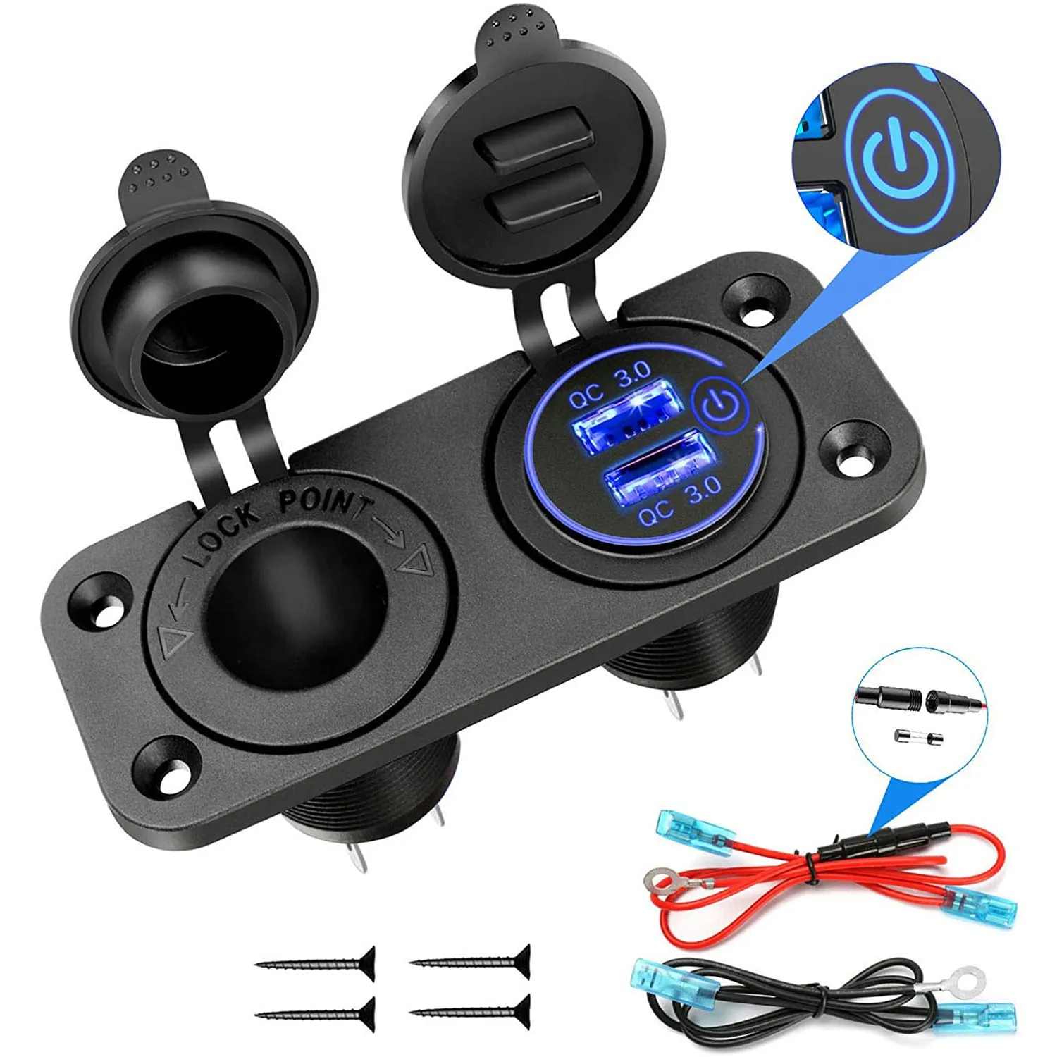 Waterproof 12V Marine USB Outlet Socket Panel, 2 in 1 -Cigarette Lighter Socket & QC 3.0 Dual USB Ports with Switch/LED