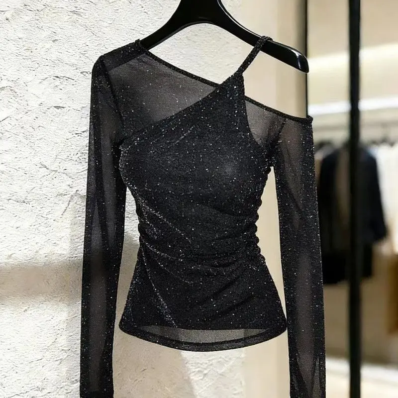 

Y2K Vintage Patchwork Faux Two-piece Off-the-shoulder Sexy Long-sleeve T-shirt Women Spring Summer New Fashion Tops Black Shirts