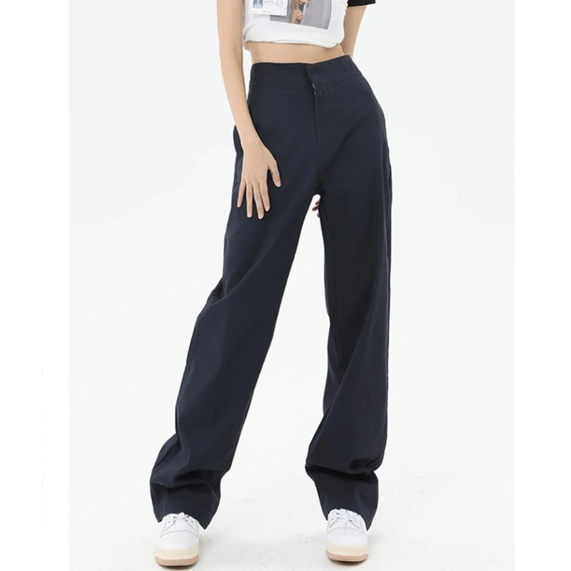 

Women Dark Blue Casual Pants Contrasting Colors Vintage Fashion Leisure Straight Wide Leg Pants Female Summer Mopping Trouser