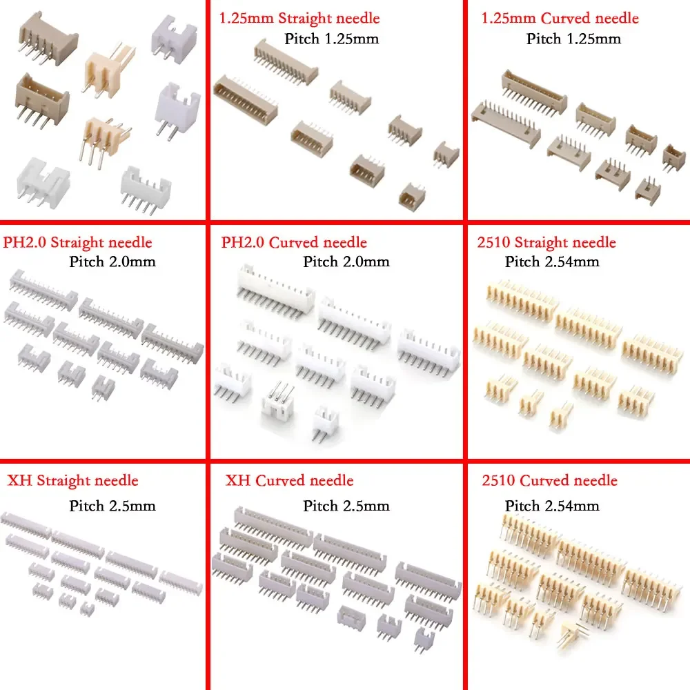 JST 1.25mm PH2.0mm XH 2510 2.54mm Pitch Connector Header Mannelijke Blade 2/3/4/5/6/7/8/9/10/11/12/13/14/15/16P Rechte Gebogen naald