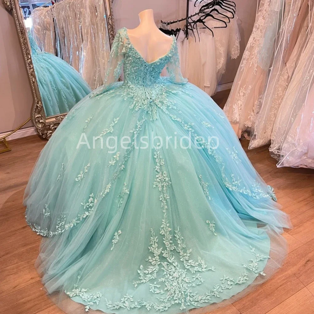 Angelsbride 2025 Aqua Green Ball gaun Quinnceanera gaun dengan renda applique lengan panjang renda kembali Vestidos De 15 Anos