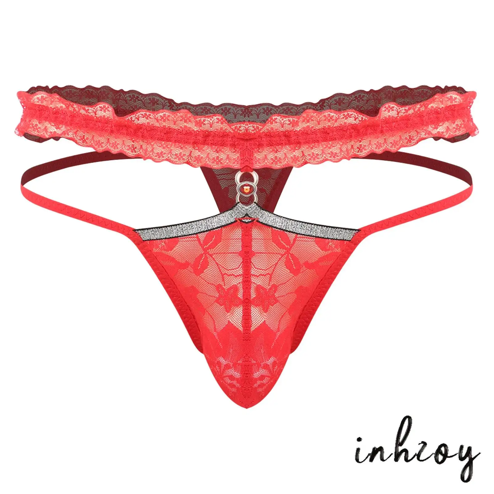 

Mens Sheer Floral Lace Thong Low Rise Bulge Pouch Elastic Waistband T-back Briefs Sissy Underwear for Dating Night Couple Games