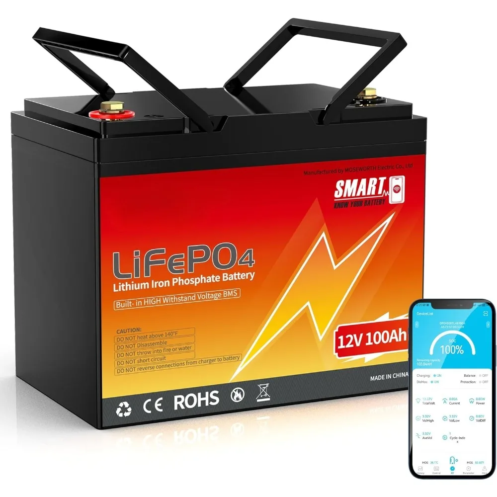 12V 100Ah LiFePO4 Lithium Battery with Bluetooth- Built-in BMS, Low-Temp Protection, 5000+Cycles -Grade A Lithium Iron Phosphate