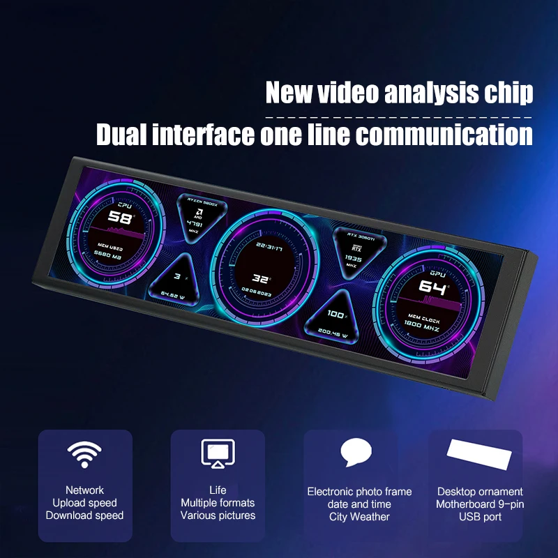 9.2 بوصة USB شاشة ثانوية لهيكل الكمبيوتر 1920*462 شاشة الكريستال السائل واحد USB متصل وحدة المعالجة المركزية RAM GPU HDD مراقبة الطقس #2