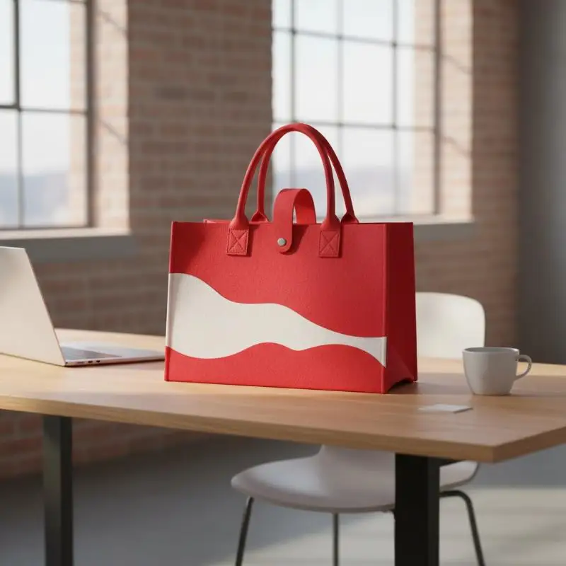 Felt Tote Bag With Wavy Color Block Design Snap Closure Reusable Durable For Daily Shopping Gift Use