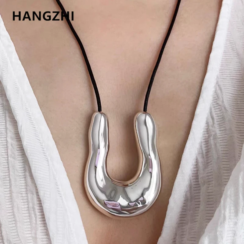 HangZhi duży kształt U masywny naszyjnik długi sznureczek/łańcuszek wisiorek metalowy łańcuszek obojczykowy Vintage biżuteria dla kobiet nowość
