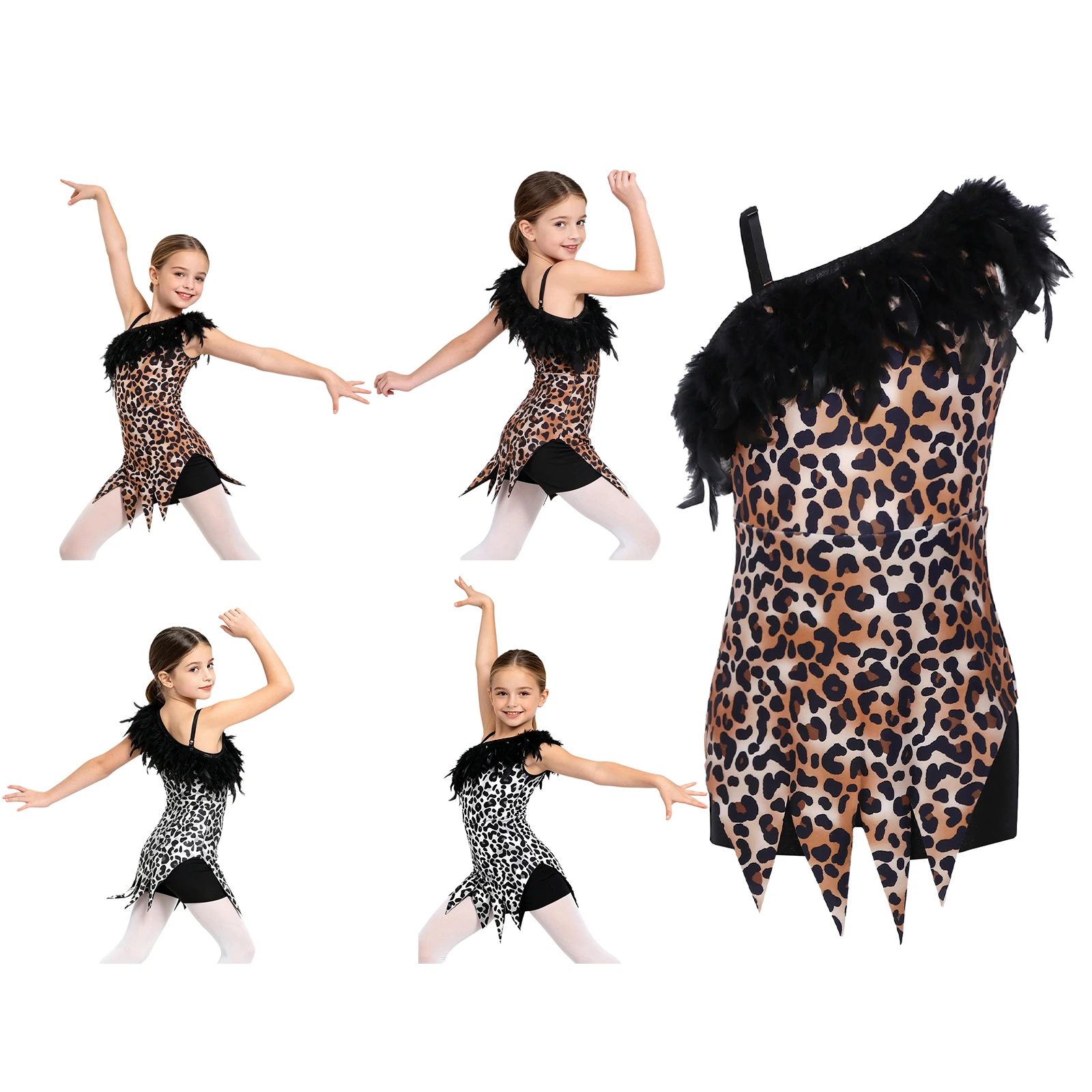 Kids Girls Caveman Primitive Tribal Indian Indigenous Princess Costume Faux Feather Leopard Printed Latin Jazz Dance Leotard view 5