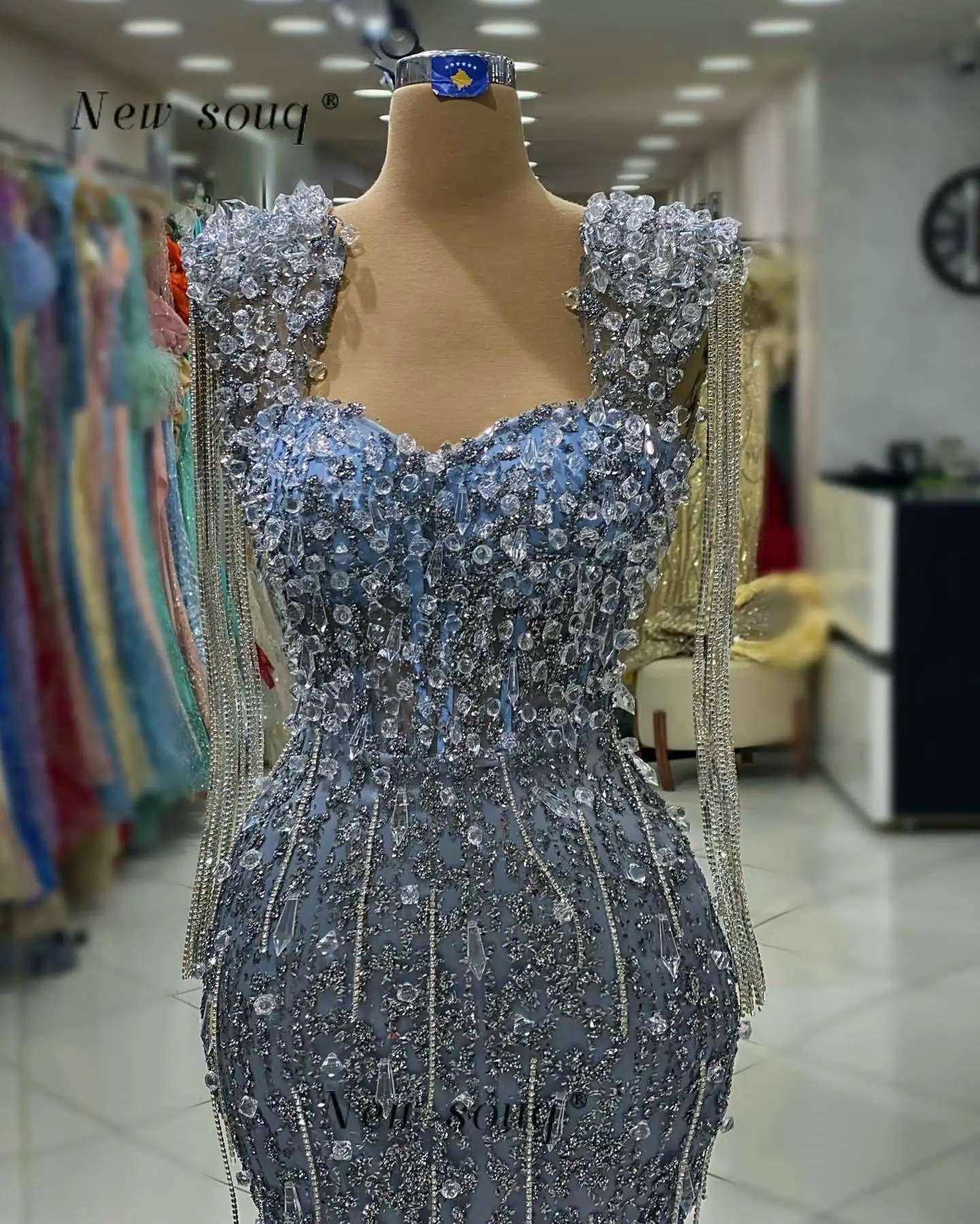 Customized Haze Blue Long Mermaid Evening Dresses with Slit Crystals Chains See Boning Night Party Gowns Arabic Vestidos 2025