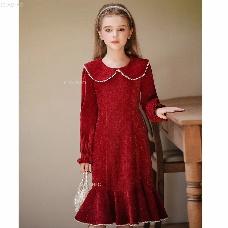 

Girls Dress Peter Pan Collar Cake Tutu Party Gown New Kids Sweet Daily Princess Piano Performance Red Christmas Autumn Winter