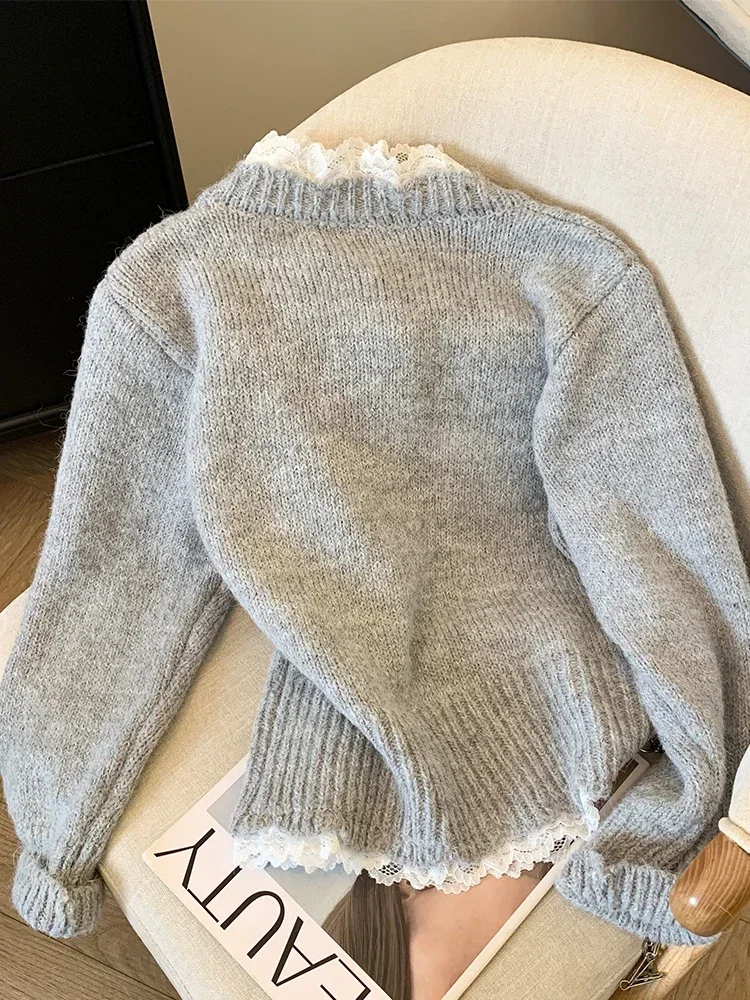 Women Grey Bow Lace Cardigan Sweater Harajuku Vintage Korean Y2k Long Sleeves Cashmere Sweaters Jumper 2000s Clothes Autumn 2024