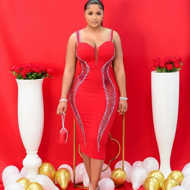 Sexy Spaghetti Band V-hals Bandage Bodycon Jurk Vrouwen Elegante Mesh Patchwork Diamanten Cocktail Party Jurken Vestidos Midi