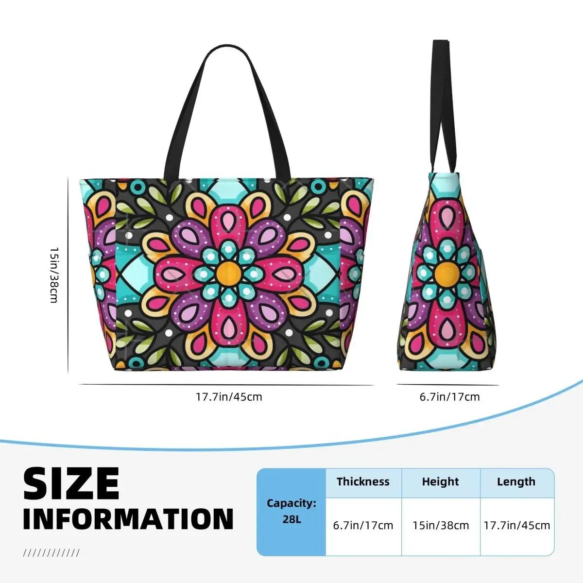 Saco de viagem praia com design floral mandala, bolsa, ombro prático, padrão multi-estilo