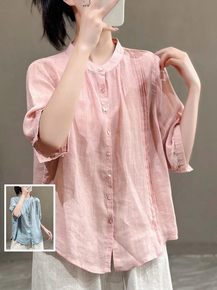 

Ele Artistic Accordion Pleat Design Pure Color irt Five-Quarter Sve Шикарный топ с тонким воротником-стойкой для женщин больших размеров