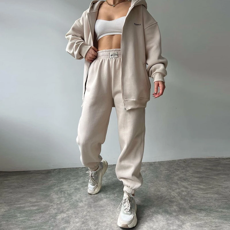 2023 Winter Warm Suit Women Solid Long Sleeve Zipper Outwear Hoodie And Pocket Trousers Two-Piece Set Casual Loose Hooded Sets