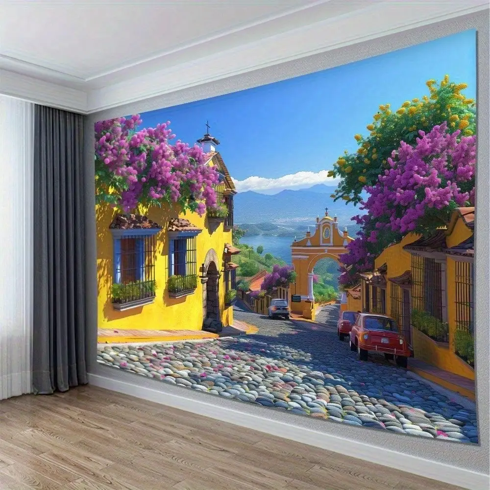 1pc Mediterranean Tapestry Colorful Street Wall Mural European Town Living Room Home Decor Back-to-school season Autumn gifts