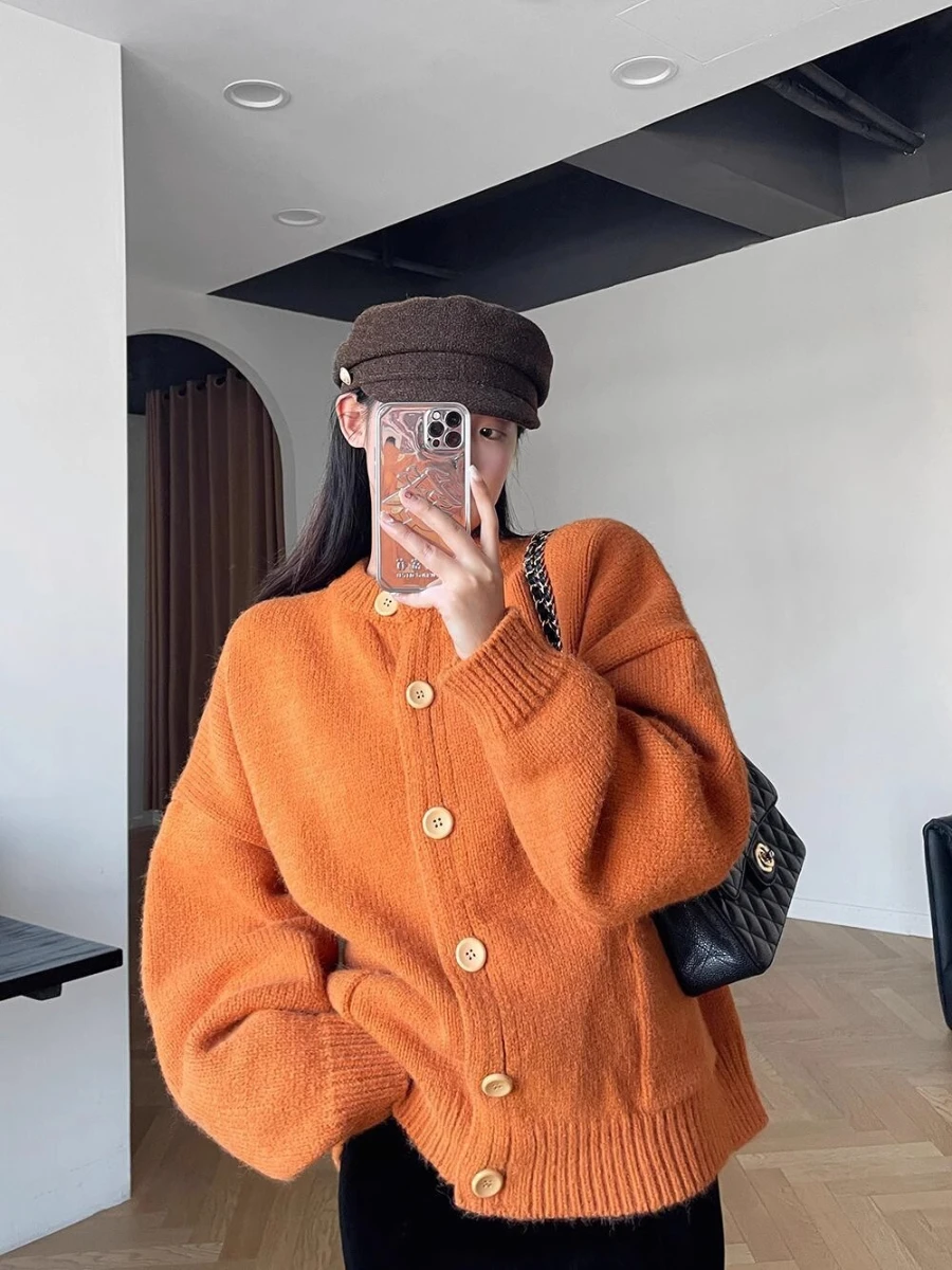 Korea Fashion Orange Sweater Jacket Women\'s Knitted Cardigan Autumn Loose Casual O Neck Solid Purple Warm Cardigans for Women