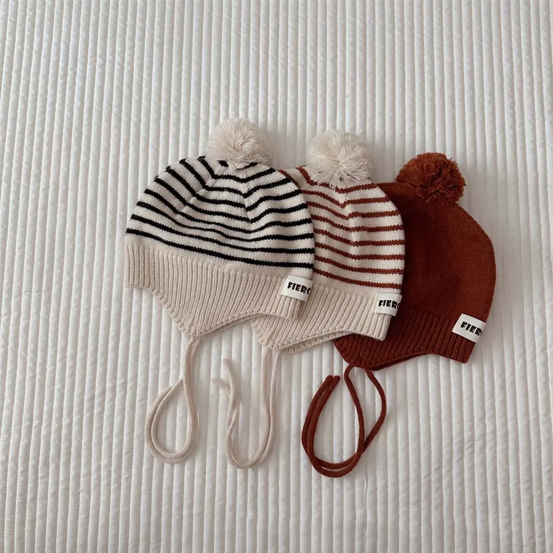 Cute Pom Kids Knit Hat 2023 Autumn Kids Beanie Ear Protection Cap For Girls Boys Fashion Striped Soft Baby Bonnet Cap