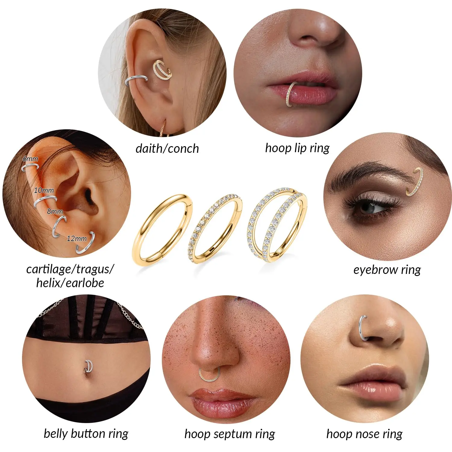Zircon Double Hoop Nose Ring Hoop Lip Rings Eyebrow Helix Tragus Earring Studs Cartilage Tragus Helix Earrings Belly Piercing