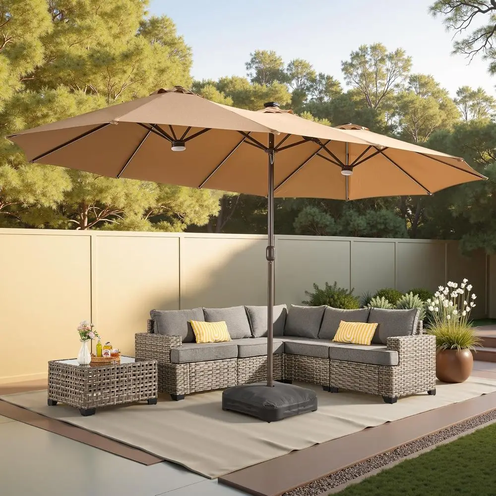 15ft Solar-Powered Patio Umbrella with RGB Lights and Base for Outdoor Decks and Poolside