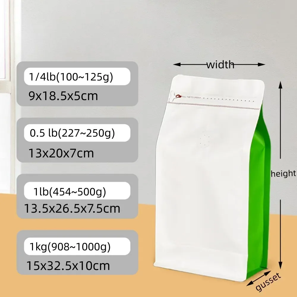 50pcs Matte White 12oz 250g 500g 1kg Coffee Pouch Packaging Reusable Custom Printed Valved Ground Coffee Bags