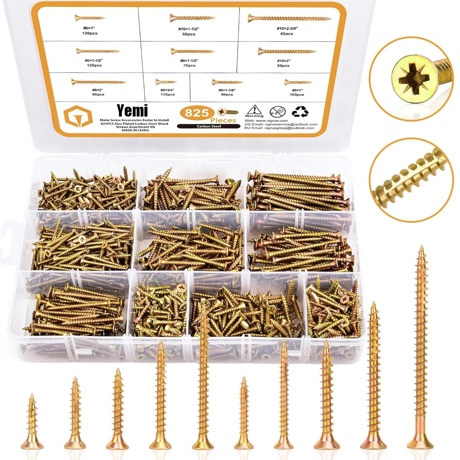 Internal wood screw combination kit, 825 pieces #6#8#10 wood screws, 10 different sizes, galvanized carbon steel screw combinati
